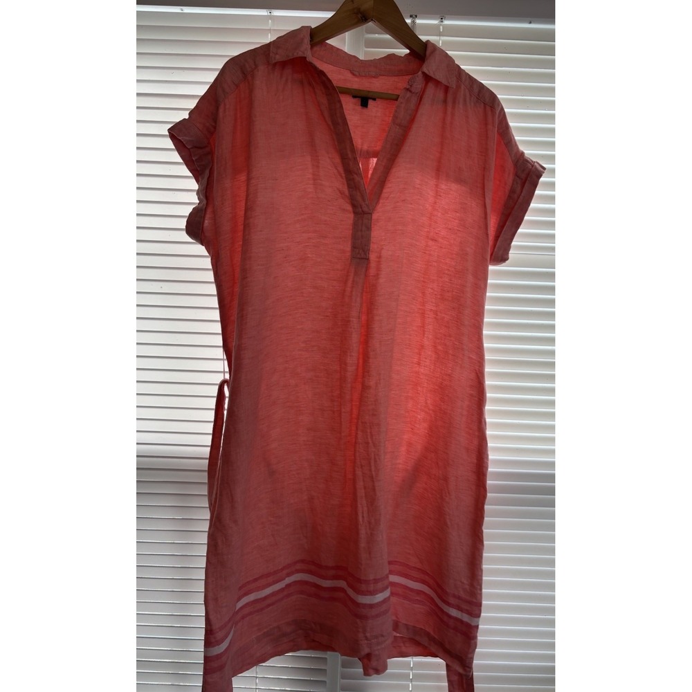 Talbots Dress Womens L Pink Linen Popover Shirt Belted Summer Preppy Resort